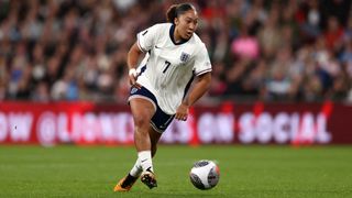Lauren James dribbles the ball for England in the Euro 2025 qualifiers
