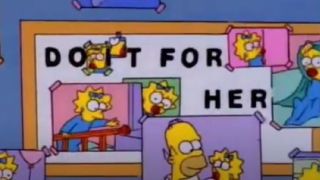 A bulletin board of pictures of Maggie in The Simpsons.