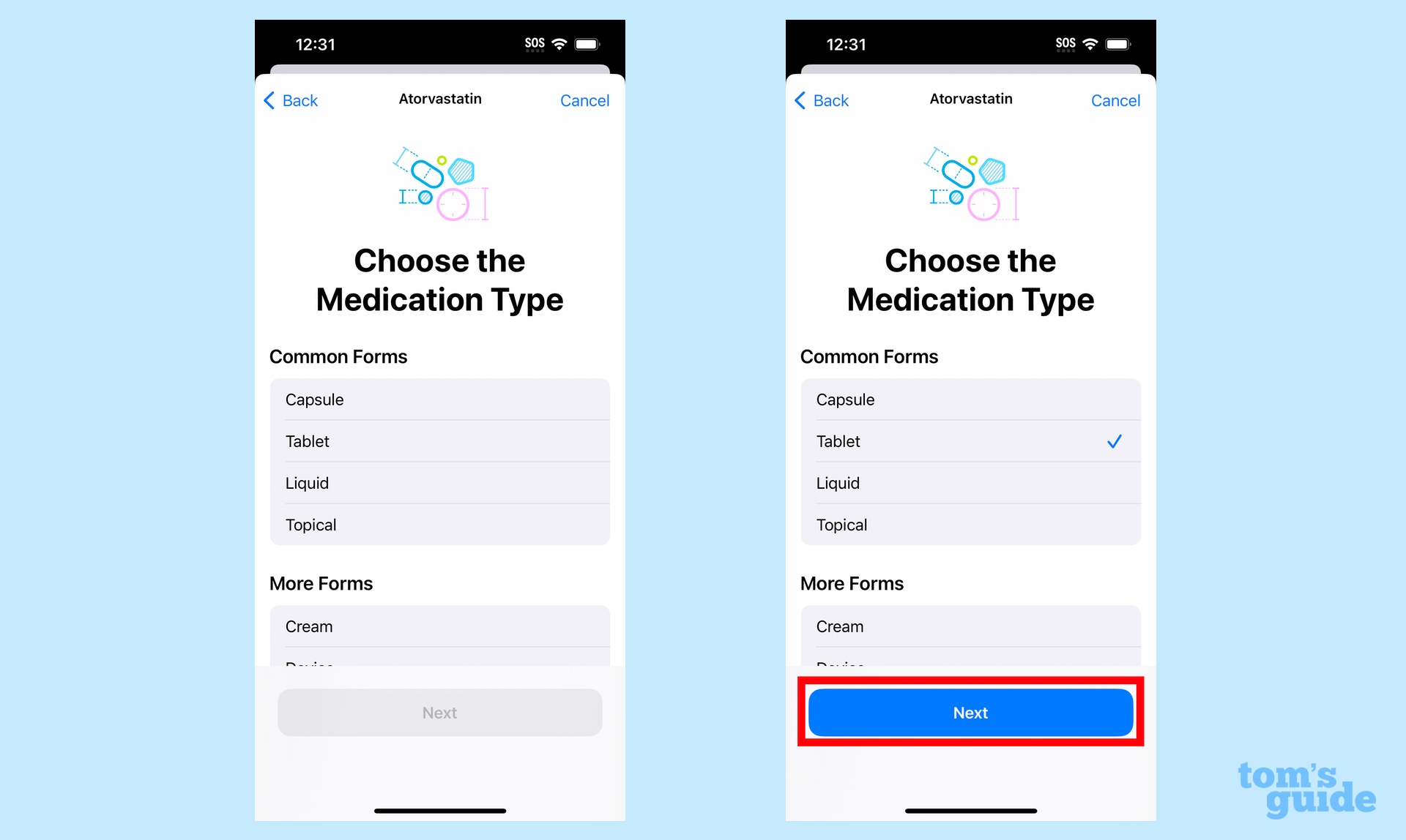 Select the type of medication in the iOS 16 Health app