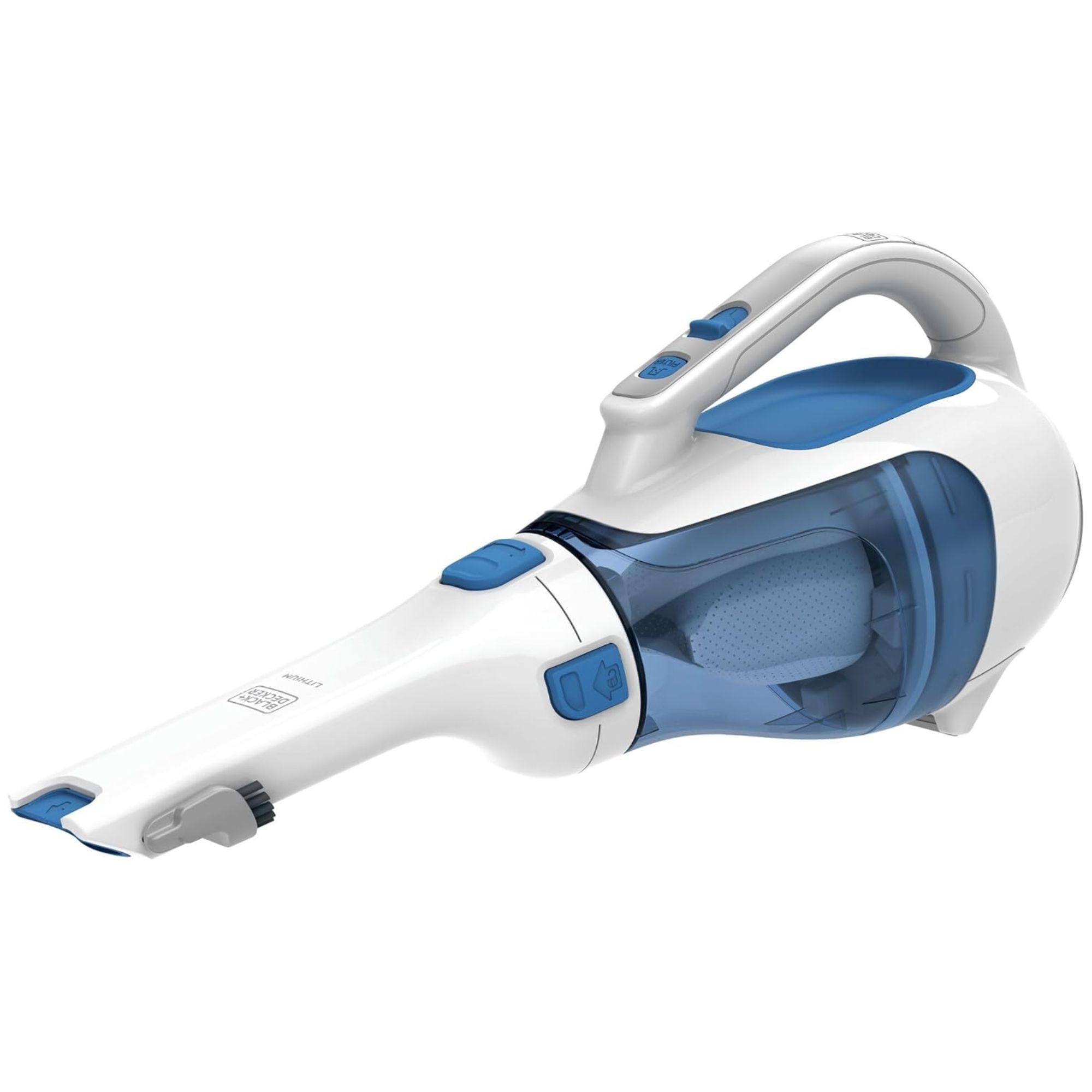 A white and blue BLACK+DECKER dustbuster Handheld Vacuum