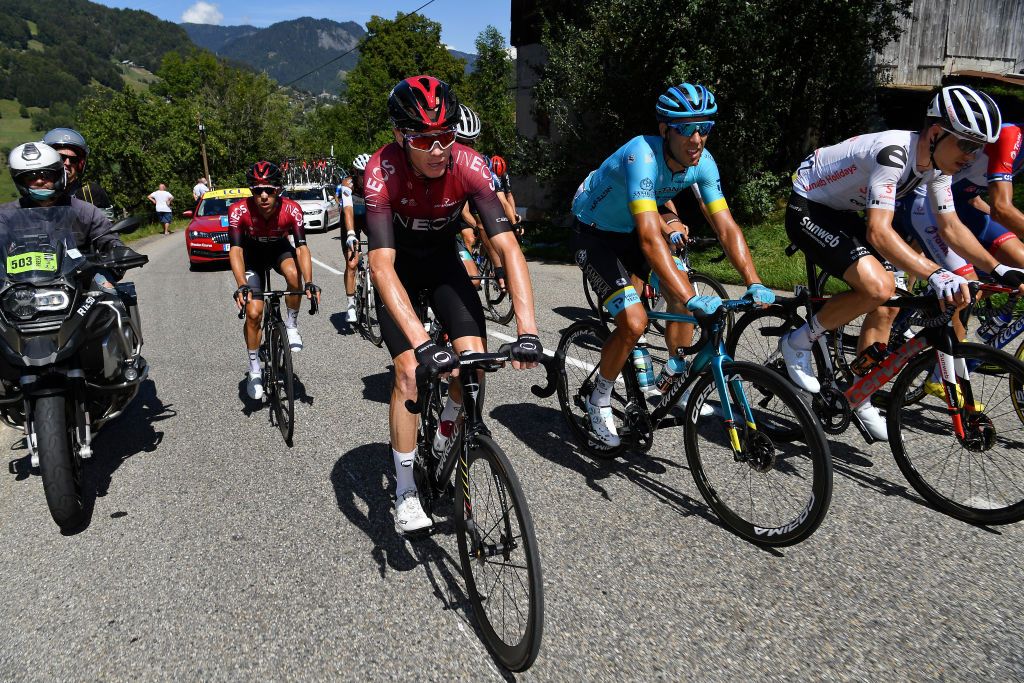 MEGEVE FRANCE AUGUST 15 Jonathan Castroviejo of Spain and Team INEOS Christopher Froome of The United Kingdom and Team INEOS Omar Fraile Matarranz of Spain and Astana Pro Team Nikias Arndt of Germany and Team Sunweb during the 72nd Criterium du Dauphine 2020 Stage 4 a 1533km stage from Ugine to Megeve 1458m dauphine Dauphin on August 15 2020 in Megeve France Photo by Justin SetterfieldGetty Images