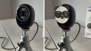 Before and after image showing the Piko+ on the left and the same camera with a cartoon panda lens cap hiding the lens on the right