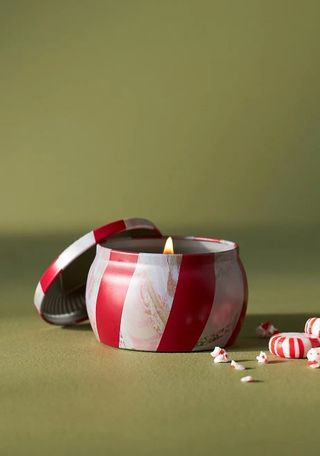 Candy cane tin candle.