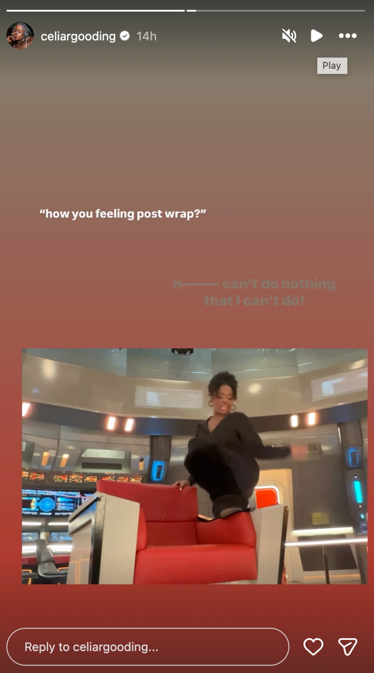 Celia Rose Gooding twerking with one leg up on the Captain's Chair