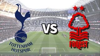 The Tottenham Hotspur and Nottm Forest club badges on top of a photo of Tottenham Hotspur Stadium in London, England