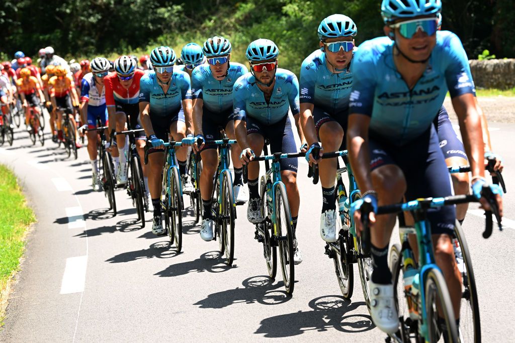 BRIVESCHARENSAC FRANCE JUNE 06 LR Stefan De Bod of South Africa and Simone Velasco of Italy and Team Astana Qazaqstan compete during the 74th Criterium du Dauphine 2022 Stage 2 a 1698km stage from SaintPray to BrivesCharensac WorldTour Dauphin on June 06 2022 in BrivesCharensac France Photo by Dario BelingheriGetty Images