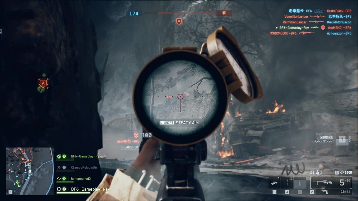 Battlefield 6 multiplayer screenshot showing the player aiming down the sights of an ACOG scope