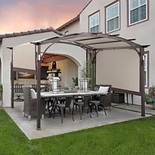 metal framed pergola with curved fabric retractable roof