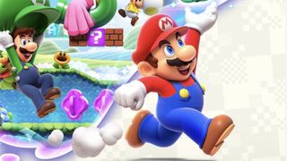 Mario court et saute en l'air, la main tendue. On peut voir Luigi planer depuis la gauche en utilisant son chapeau comme planeur.