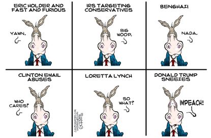 Political cartoon U.S. Democrats IRS Benghazi Clinton emails Loretta Lynch Trump impeachment