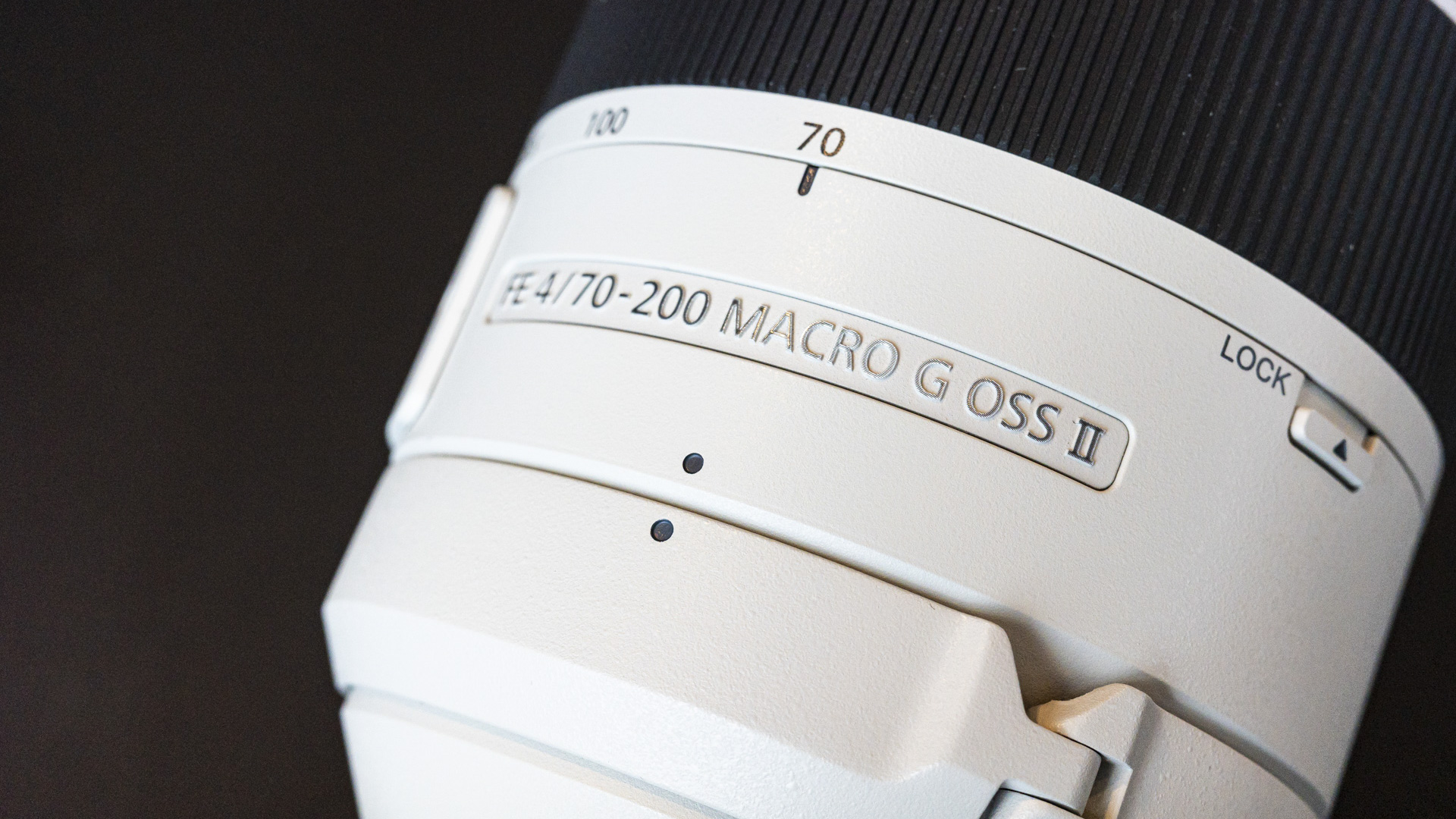 Close up of Sony FE 70-200mm F4 Macro G OSS II lens nomencalture