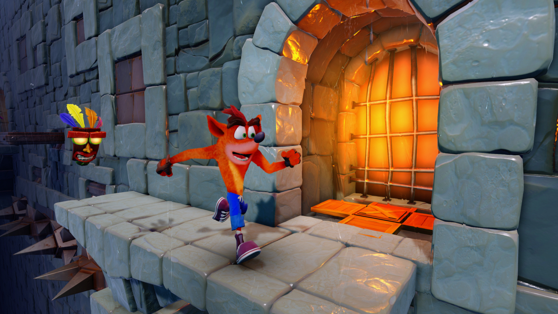 Crash Bandicoot running through a dungeon level