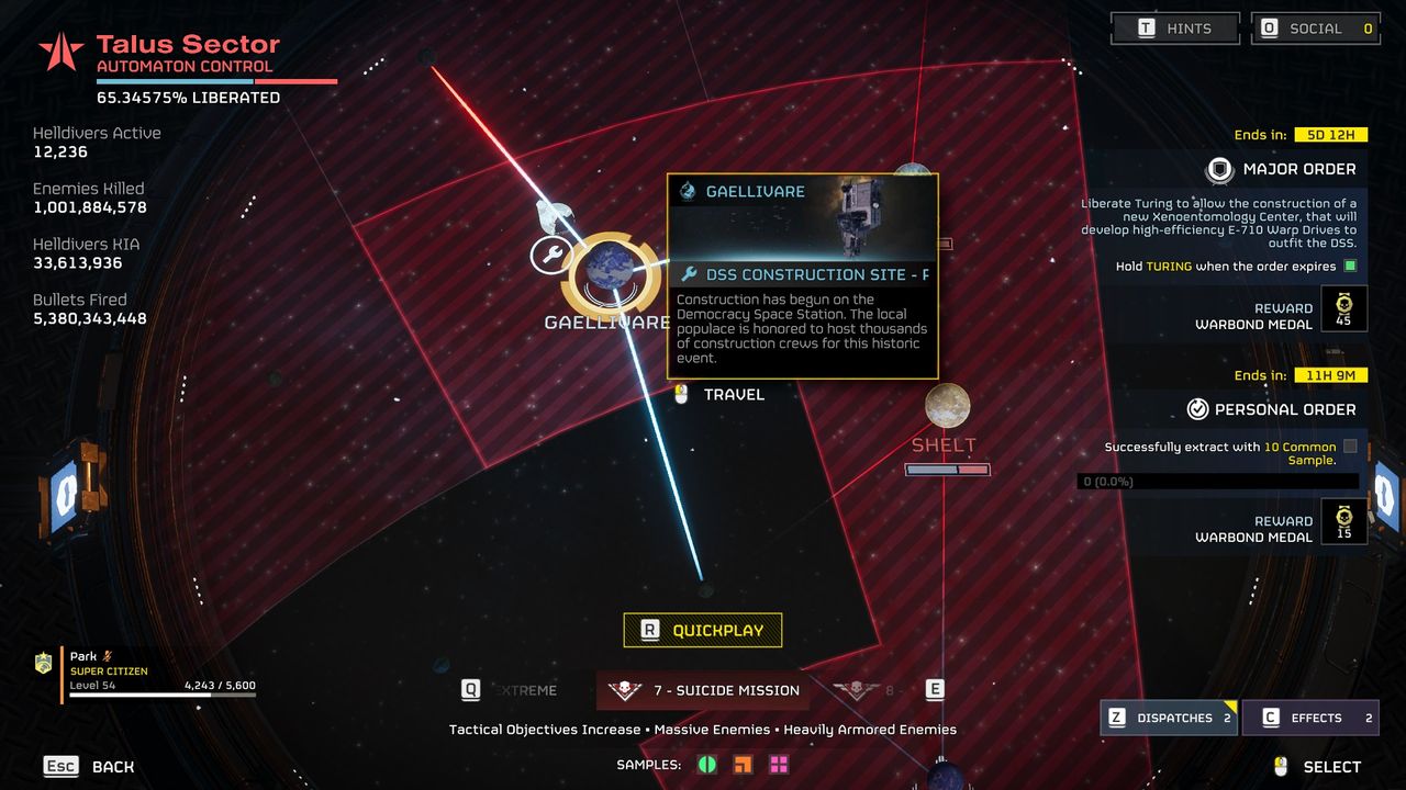 UI view of Democracy Space Station in orbit over a planet in the galaxy map of Helldivers 2