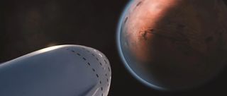 Artist's illustration of a SpaceX colony ship arriving at Mars. The company aims to help establish a million-person city on the Red Planet.