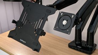 ErgoAV Motion Desk Mount with docking station, dual arm monitor stand with USB-C hub review photos