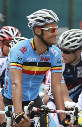Belgium's Tom Boonen ready to roll on the road where he won a stage of the Tour of Britain.