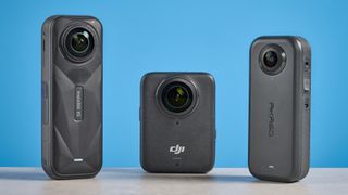 The DJI Osmo 360, Insta360 X5 and Akaso 360 camera against a blue background