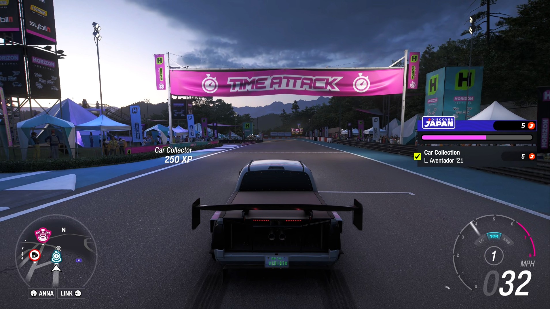 A screenshot of Forza Horizon 6 showing a Toyota Tacoma TRD Forza Edition truck starting a time attack circuit on Legend Island.