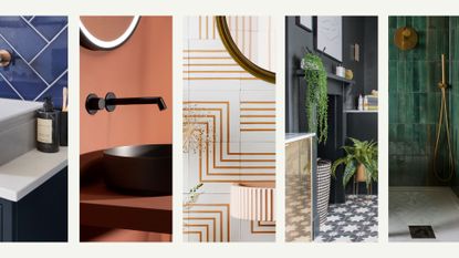 A collage of five of the top bathroom trends of 2022 with reflective pink tiles, minimalist white with freestanding furniture and blue sink basin with blue wall tiles
