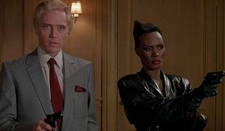 A View To A Kill Christopher Walken and Grace Jones threaten people with guns