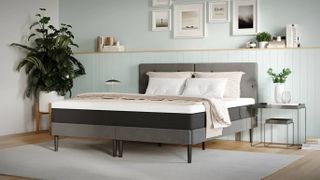 An image showing the Emma Original Mattress on a grey fabric bed and sat against light green wooden walls