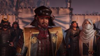 Nioh 3: Upper-body shots of six Samurai characters looking up at the sky with concerned expressions.