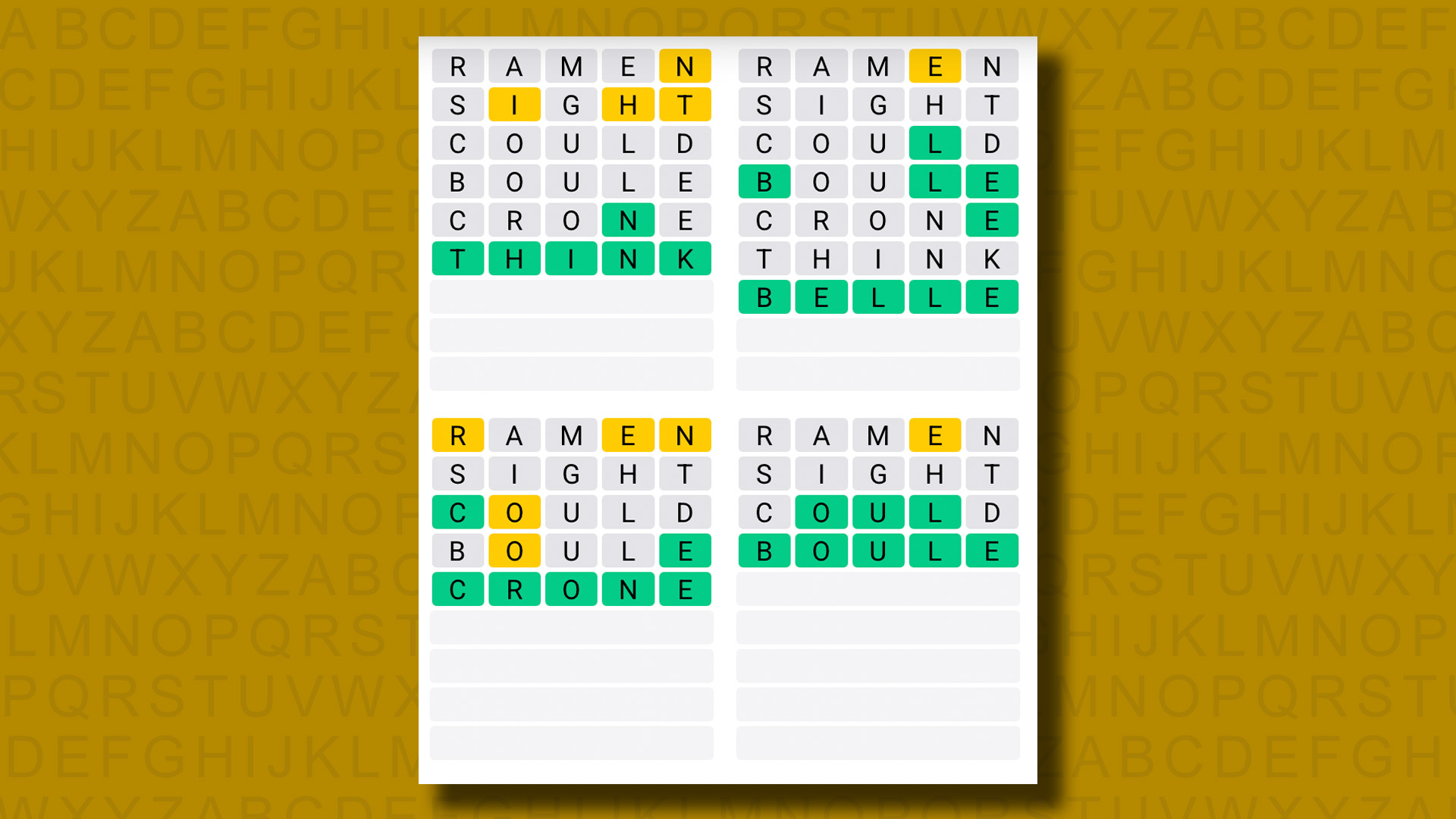Quordle answers for game 1225 on a yellow background