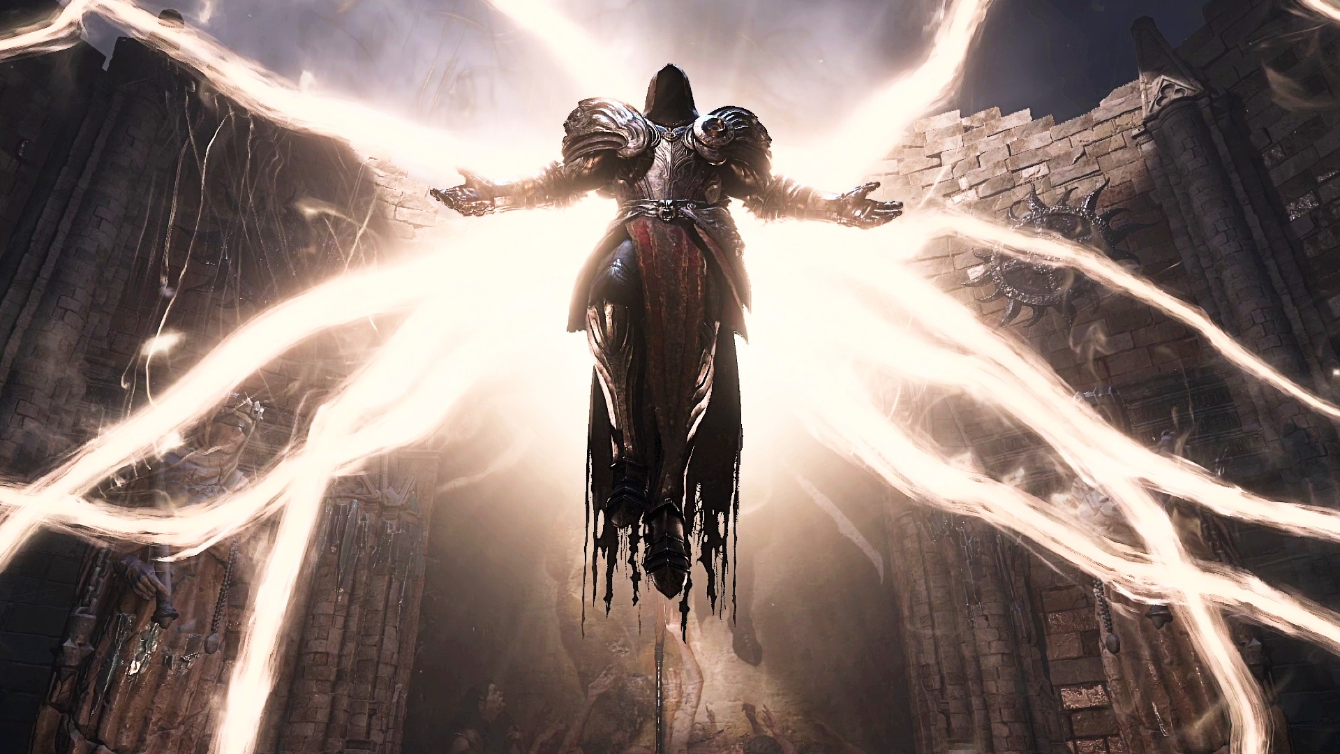 Inarius de Diablo 4 flotte au-dessus du joueur dans une cathédrale
