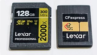 CFexpress Type A card shown alongside a larger SD card