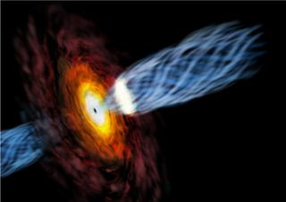 This artist's illustration depicts scientists' new understanding of the giant black hole at the core of galaxy M87. The bright radio 'core' of the jet base is located very close to the central black hole no larger than about 10 times the size of the event horizon.