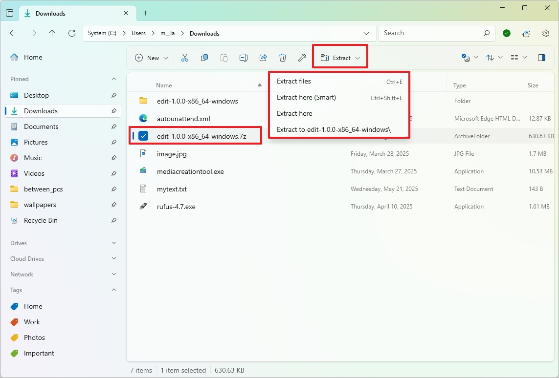 7Zip extract option