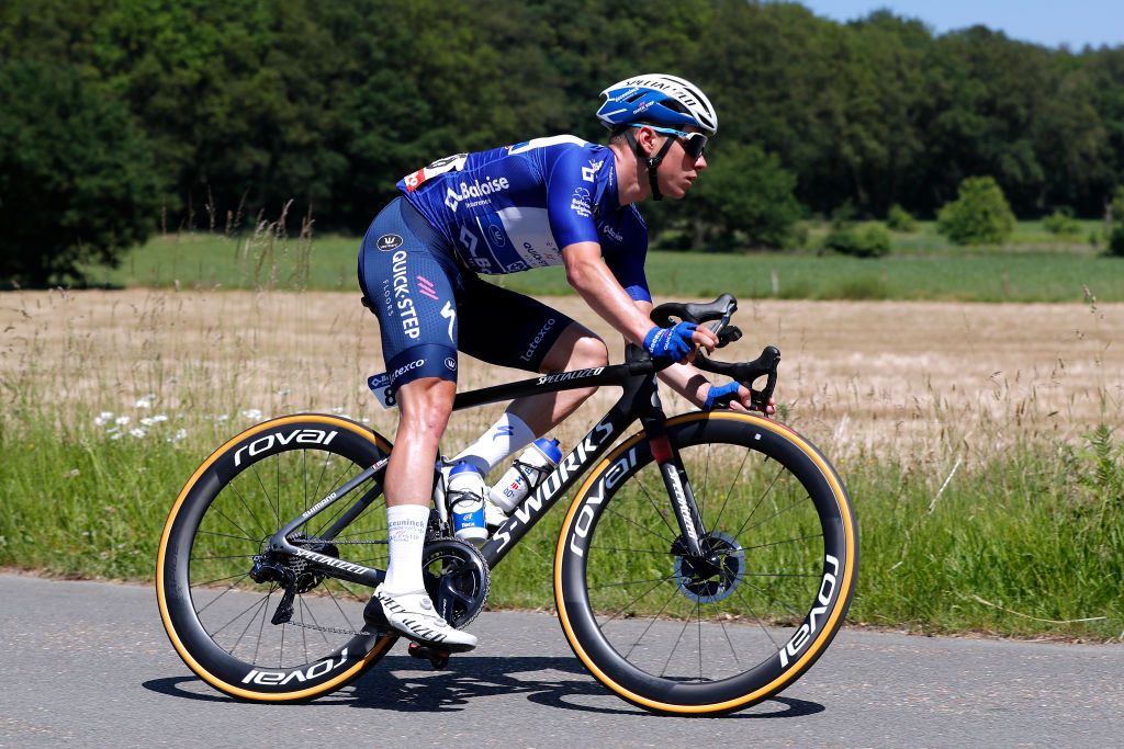 BERINGEN BELGIUM JUNE 13 Remco Evenepoel of Belgium and Team Deceuninck QuickStep Blue Leader Jersey during the 90th Baloise Belgium Tour 2021 Stage 5 a 1787km stage from Turnhout to Beringen baloisebelgiumtour on June 13 2021 in Beringen Belgium Photo by Bas CzerwinskiGetty Images
