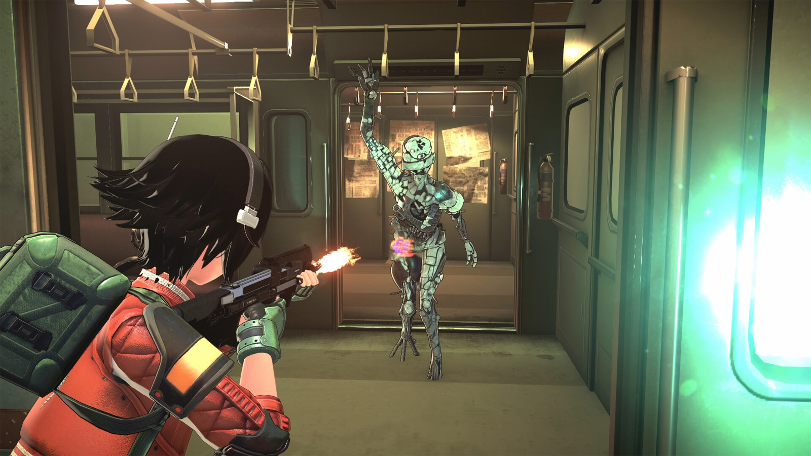 A screen from the retro anime game Anomalith showing a character shooting a robot