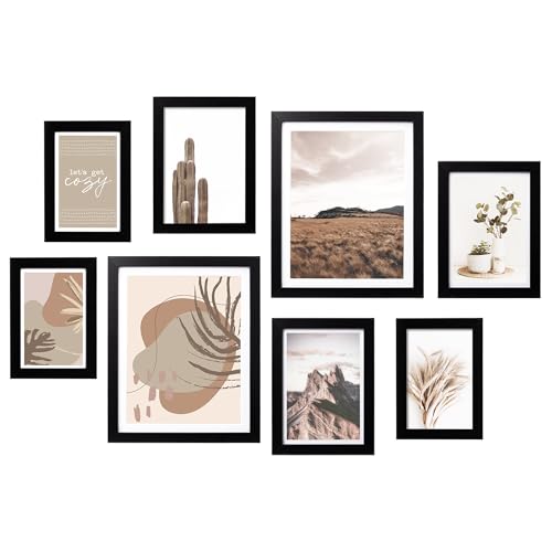 Artbyhannah 8-Pack Multi Picture Frames With Decorative Art Prints, Gallery Wall Frame Set Black Photo Frames for Collage, With Assorted Size 8x10 X2pcs, 5x7 X3pcs, 4x6 X3pcs