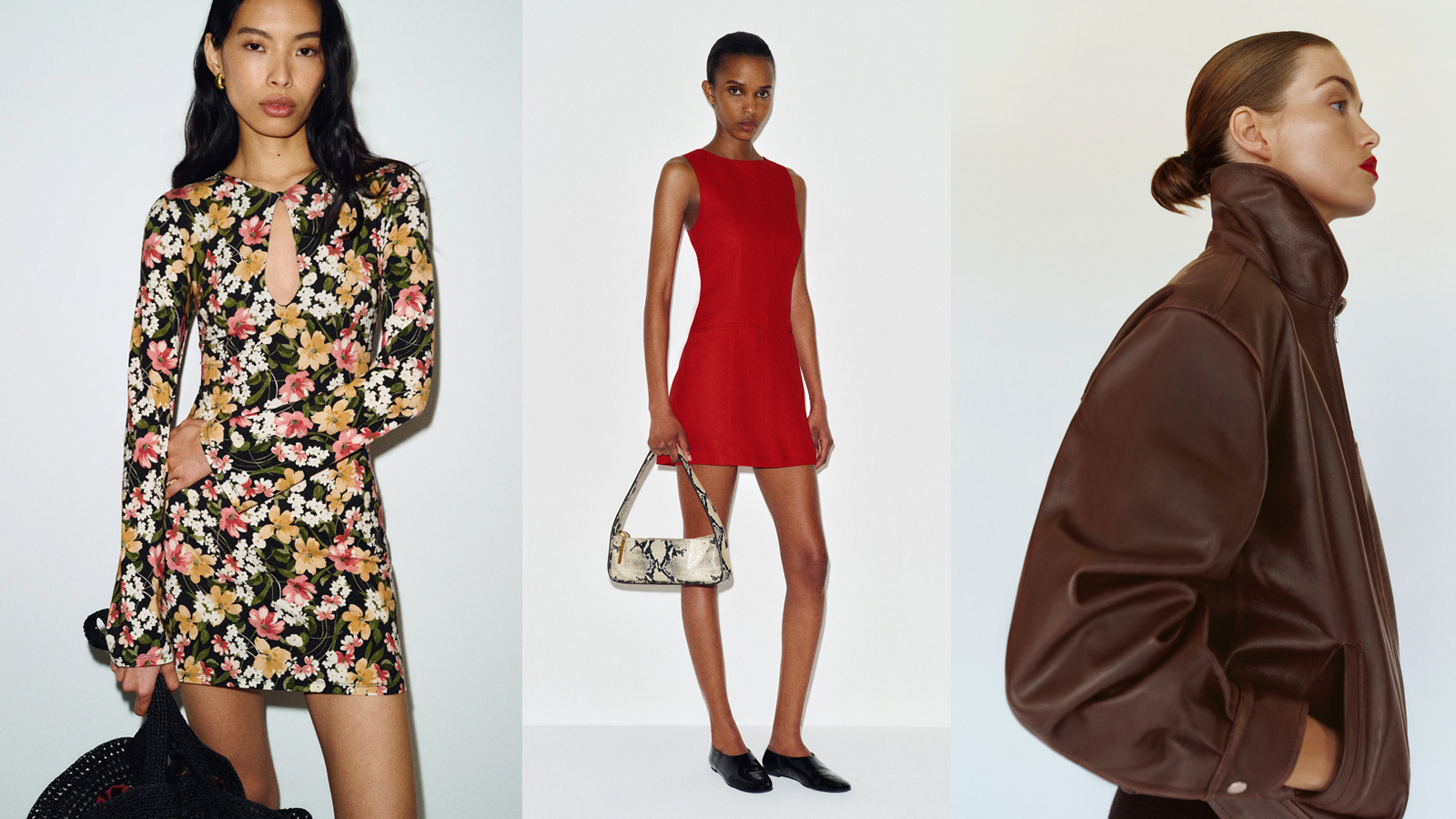 collage of reformation images on left is a keyhole floral mini dress, middle is a red mini dress and on the right an oversized leather jacket
