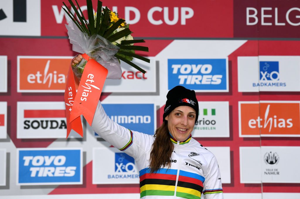NAMUR BELGIUM DECEMBER 19 Lucinda Brand of The Netherland and Team Baloise Trek Lions celebrates winning the race on the podium ceremony after the 13th Namur UCI CycloCross Worldcup 2021 Womens Elite UCIWT on December 19 2021 in Namur Belgium Photo by Luc ClaessenGetty Images