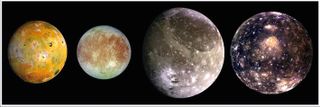 The four Galilean moons from left to right: Io, Europa, Ganymede and Callisto.