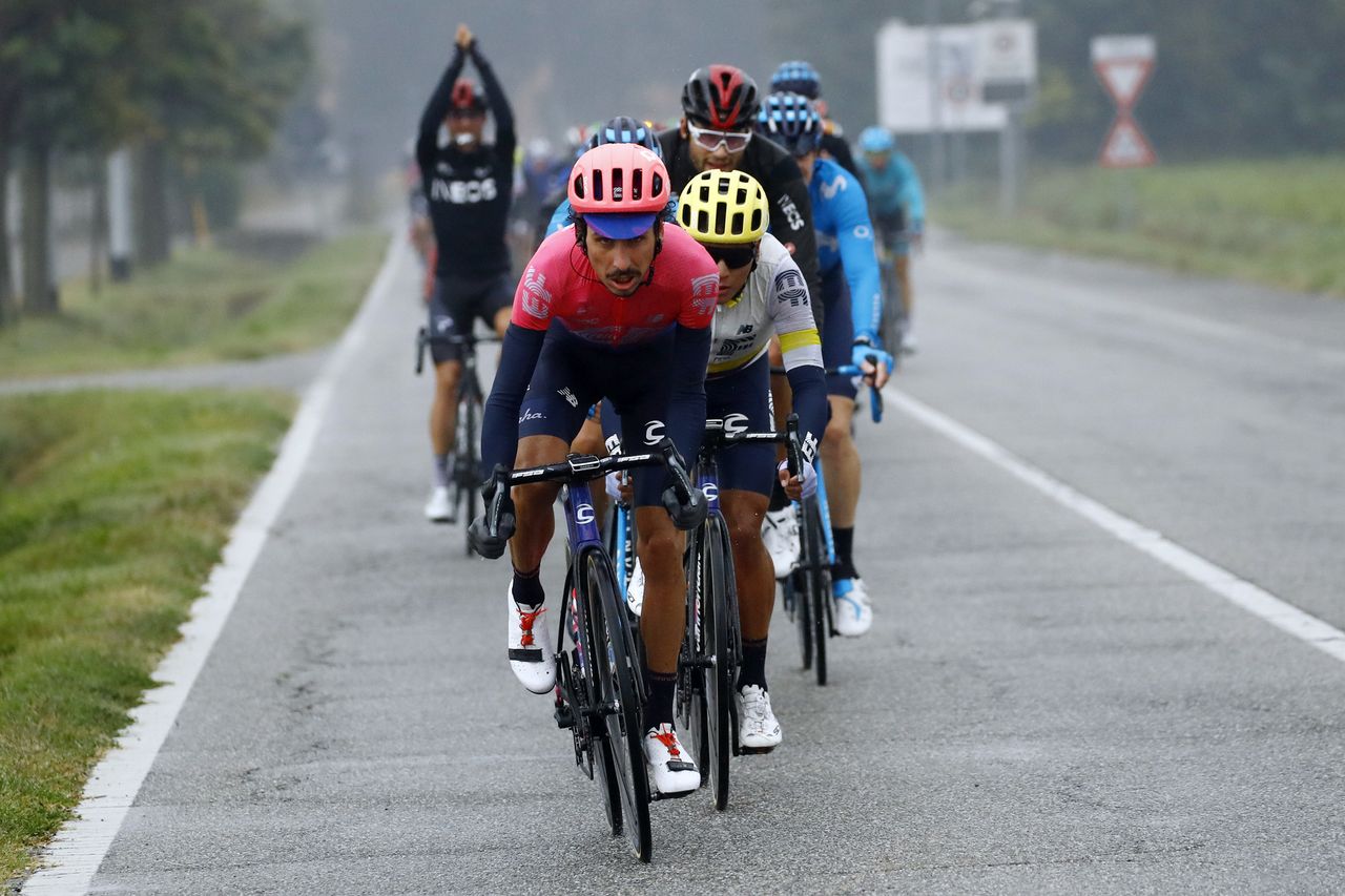 Lachlan Morton (EF Education First) works on the front of the peloton at Milano-Torino