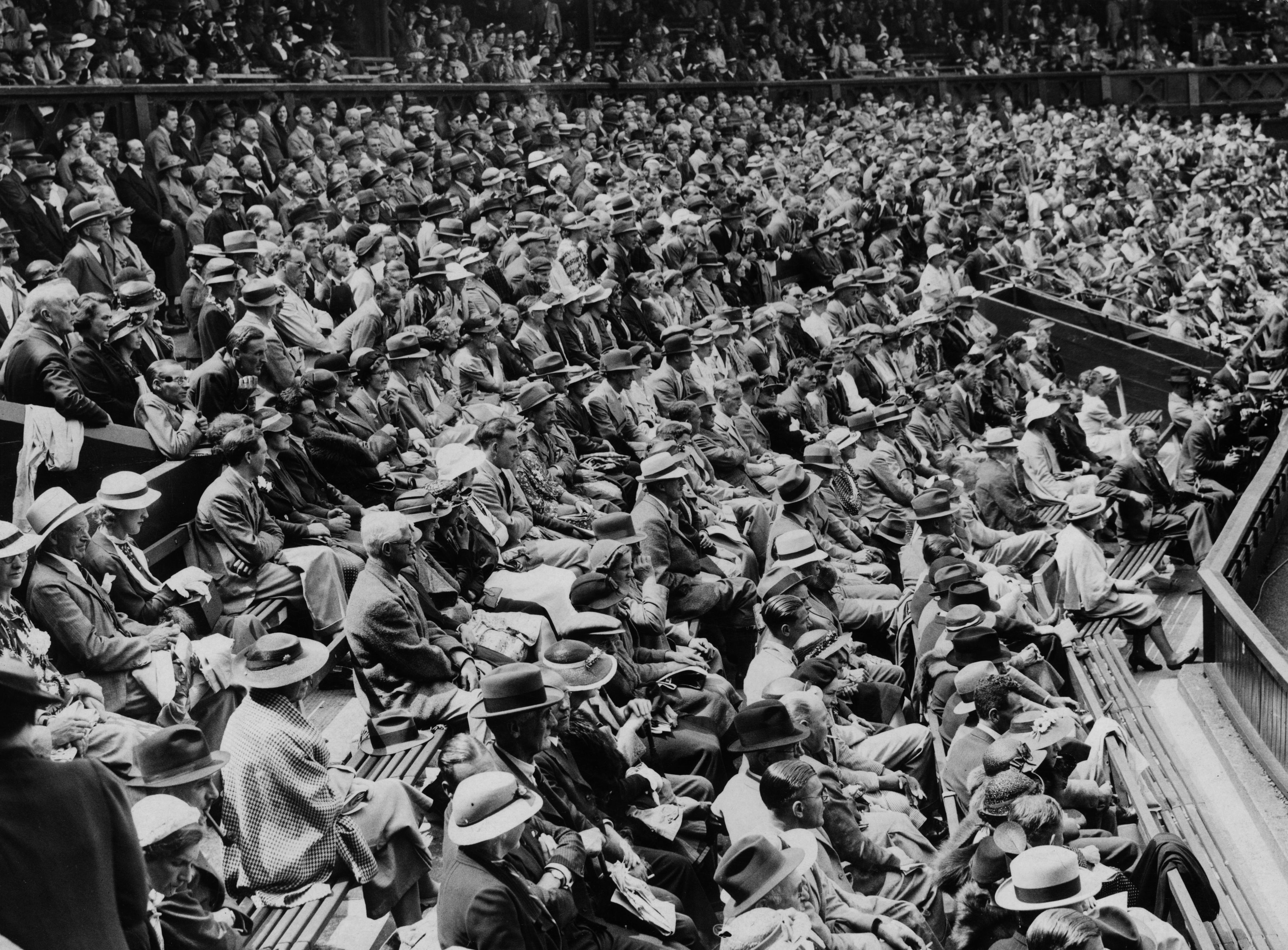 A busy centre court grandstand in 1937