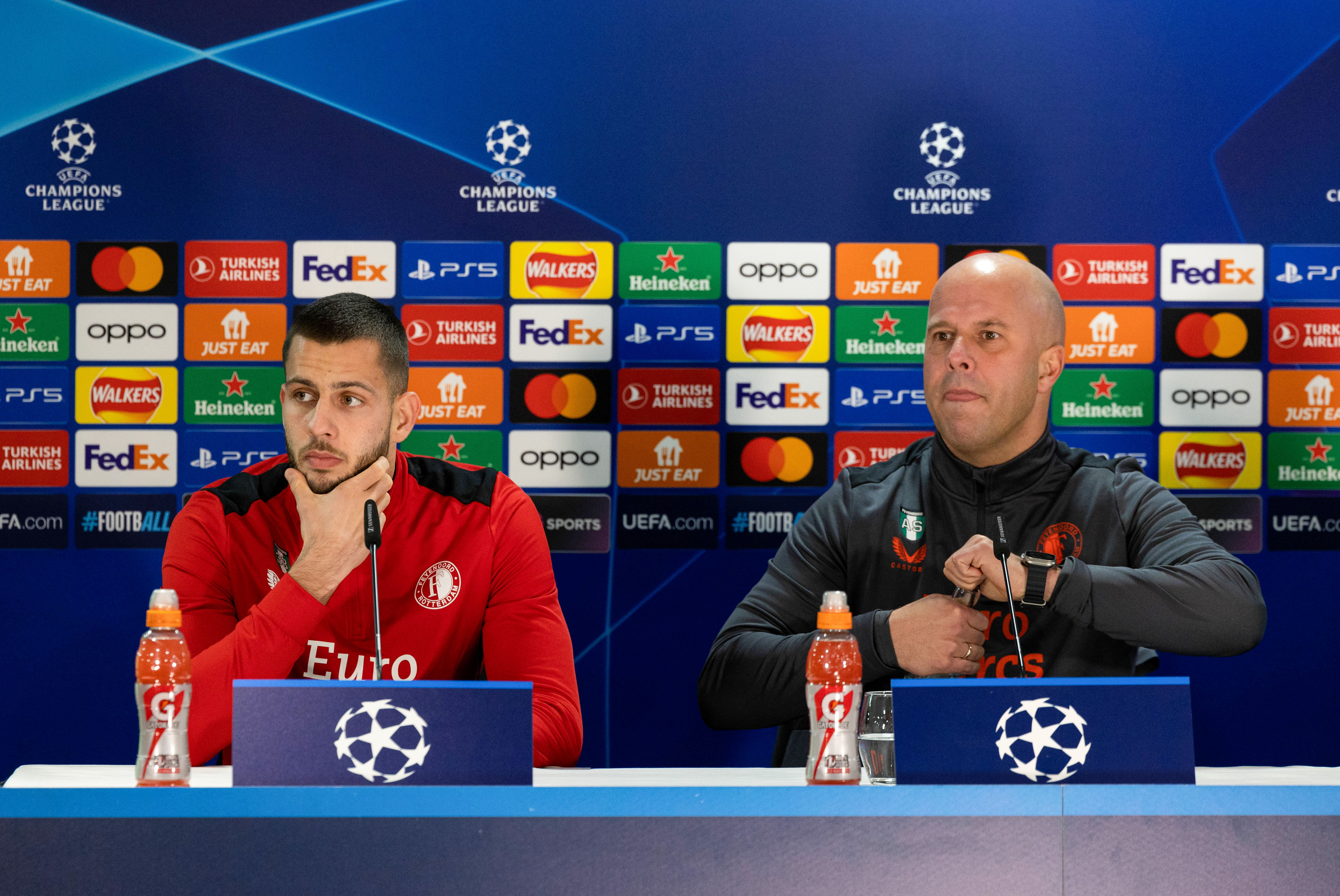 GLASGOW, SCOTLAND - DECEMBER 12: Feyernoord Manager Arne Slot (R) and David Hancko (L) during a Feyenoord press conference at Celtic Park, on December 12, 2023, in Glasgow, Scotland. (Photo by Mark Scates/SNS Group via Getty Images)