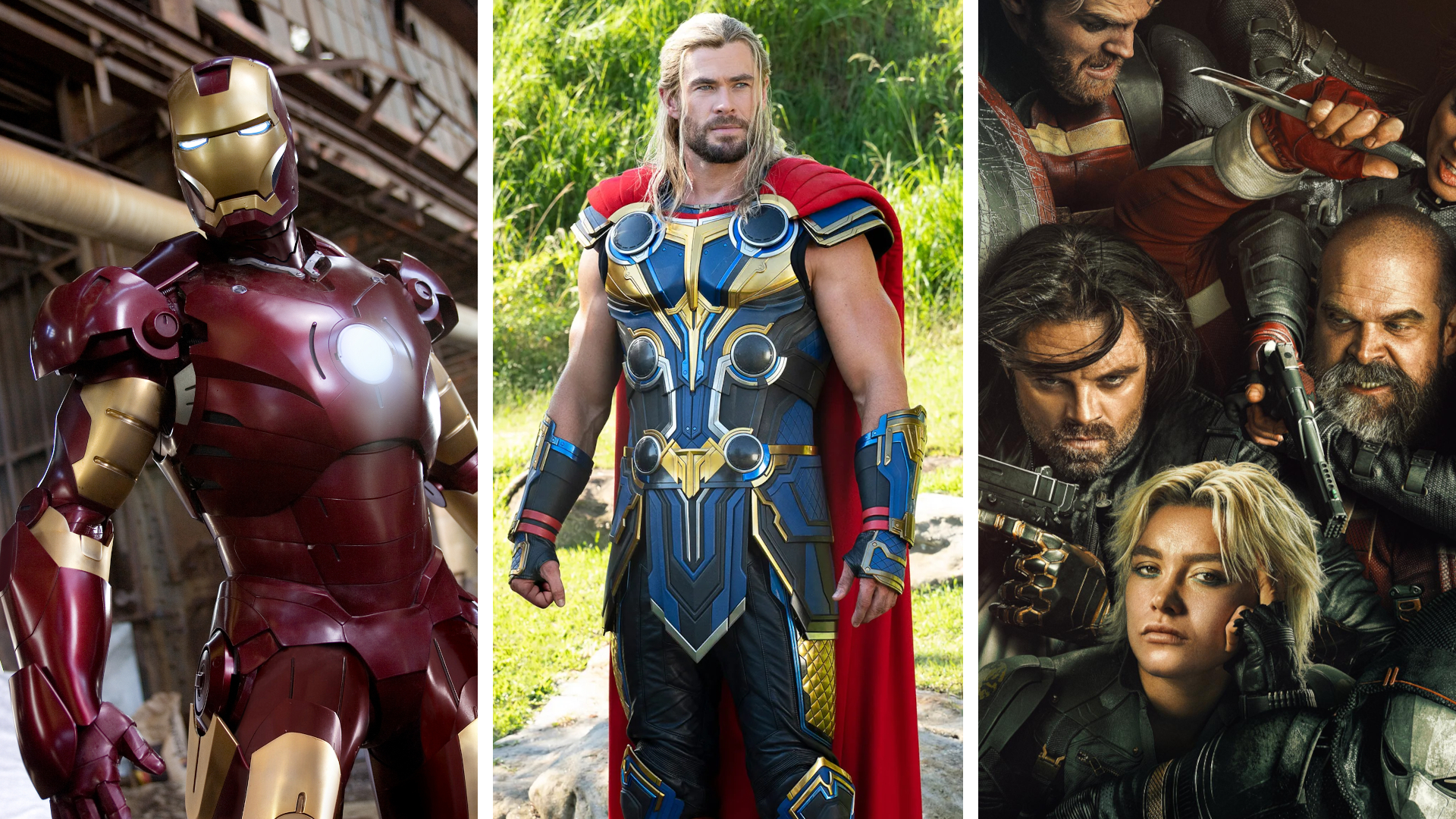 Split image showing screenshots from three Marvel movies. Left: Iron Man, Middle: Thor: Love and Thunder, and Right: Thunderbolts