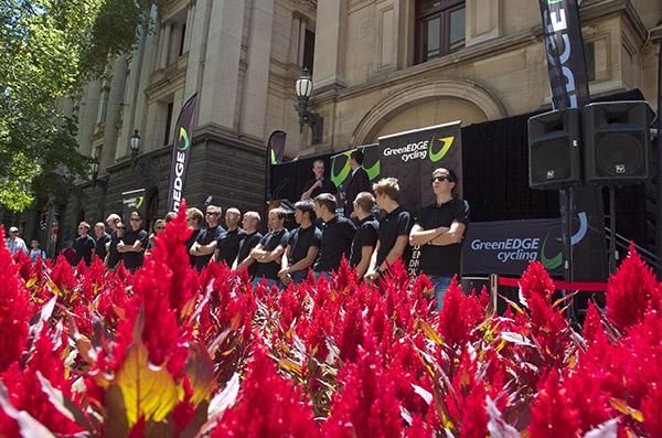 The full squad of GreenEdge riders outside Melbourne's Town Hall.