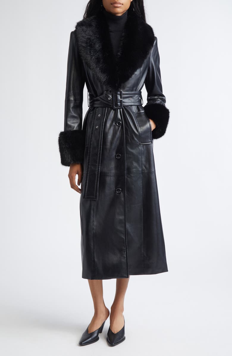 Estella Belted Faux Leather Coat With Faux Fur Trim