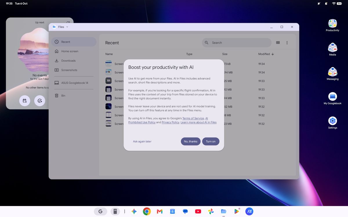 Googlebook OS Files app with AI prompt on ASUS Googlebook 14