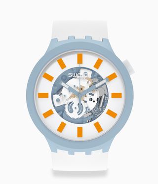 Swatch watch in white and blue made from recycled plastic and ceramic