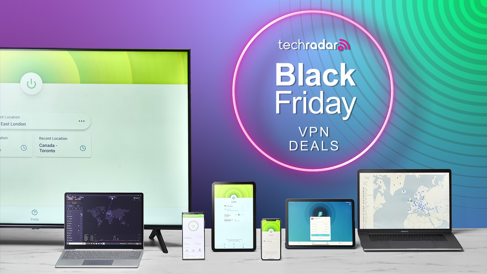 Black Friday VPN deals next to various devices running VPN apps