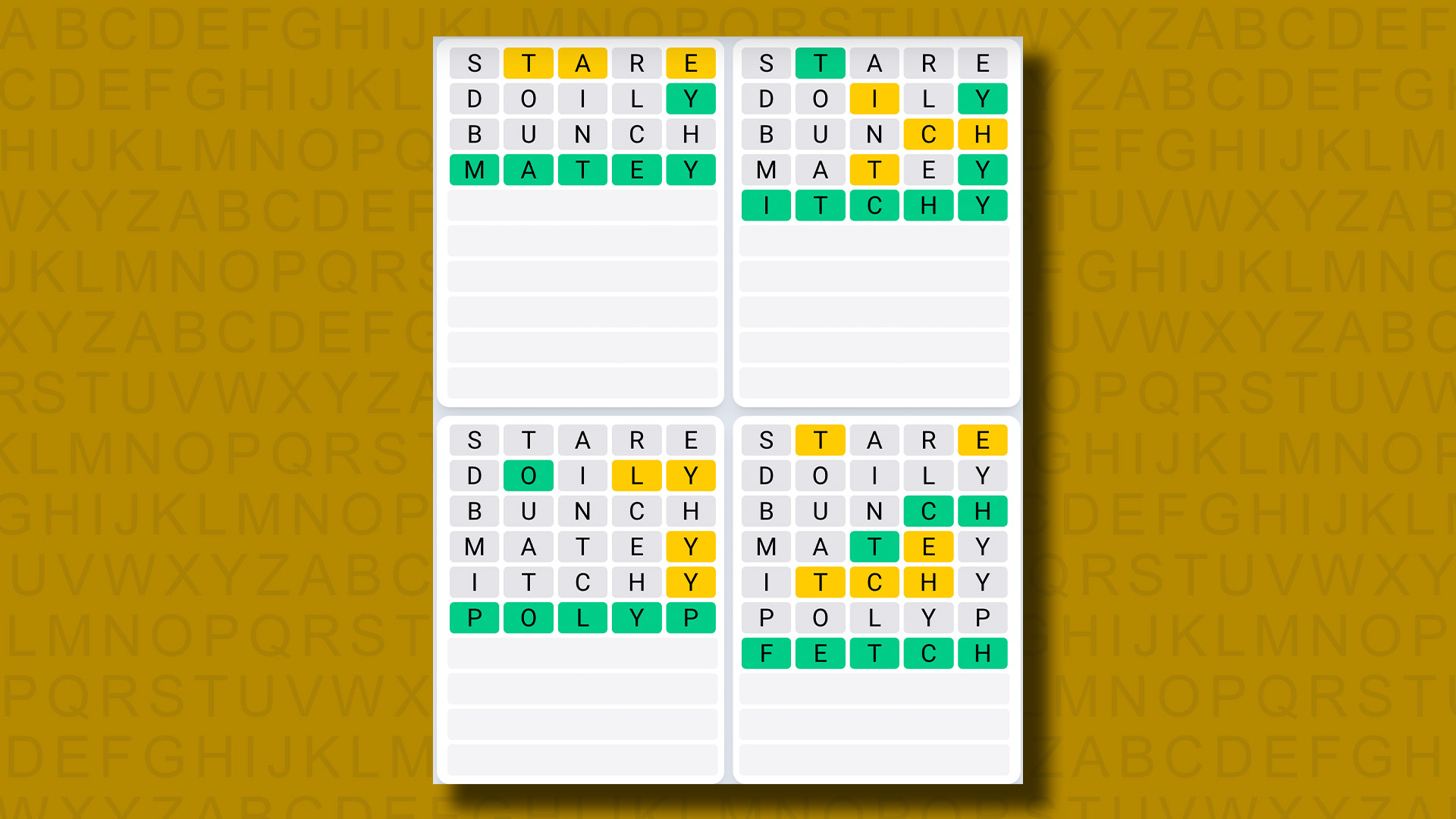 Quordle Daily Sequence answers for game 915 on a yellow background