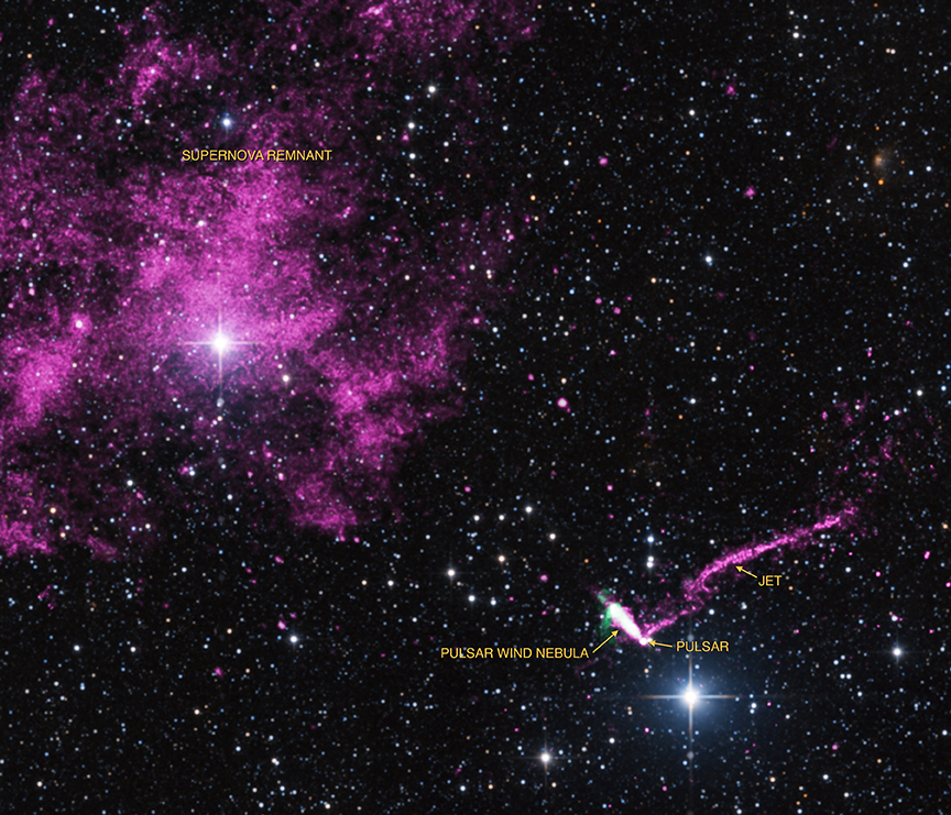 The runaway pulsar IGR J1104-6103 fires off the longest X-ray jet in the Milky Way Galaxy in this view taken by combining observations from NASA&#039;s Chandra X-ray Observatory (purple) and other radio and optical telescopes. The jet&#039;s tail extends across 37 