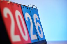 2026 calendar with the 2 and 0 in red and the 2 and 6 in blue