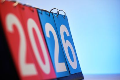 2026 calendar with the 2 and 0 in red and the 2 and 6 in blue